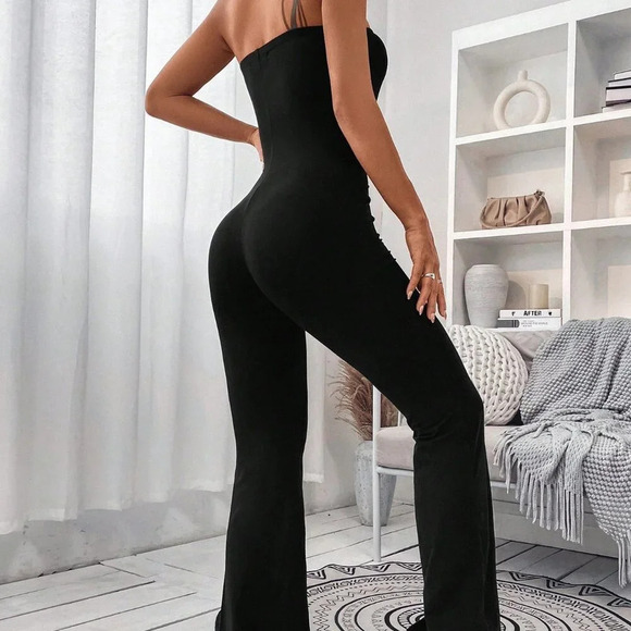 Black Casual Women's Solid Flare Leg Tube Jumpsuit - Picture 2 of 7